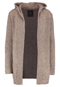 Beige stickad cardigan med huva, öppen front, två framfickor och textilstruktur. Har ett spräckligt mönster i ljusare och mörkare nyanser.