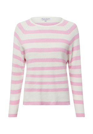 Leichter Strickpullover mit horizontalen weißen und rosa Streifen, Rundhalsausschnitt und langen Ärmeln mit gerippten Bündchen.