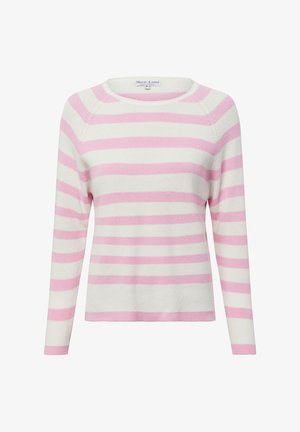 Lichtgewicht gebreid sweater met horizontale witte en roze strepen, ronde halslijn en lange mouwen met ribbels aan de boorden.