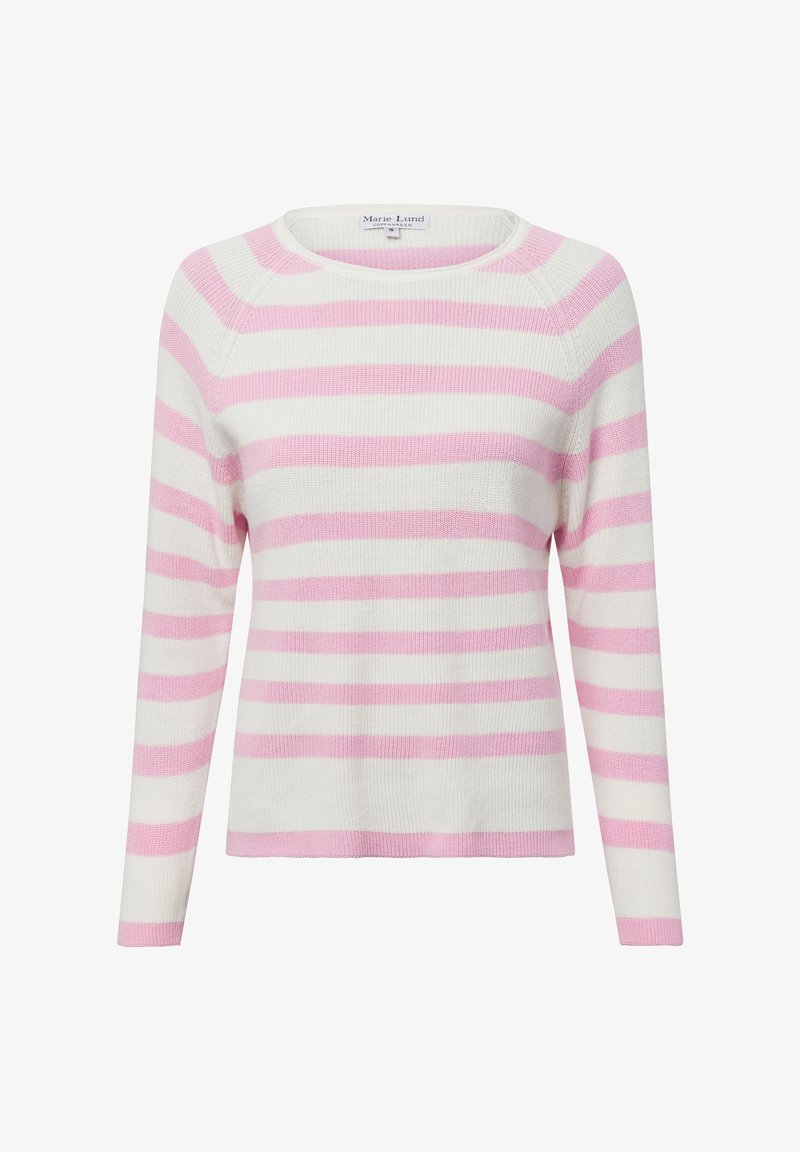Lichtgewicht gebreid sweater met horizontale witte en roze strepen, ronde halslijn en lange mouwen met ribbels aan de boorden.