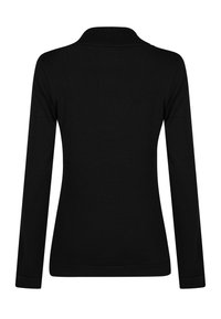 Maglione nero a maniche lunghe con collo e polsini a costine. Texture liscia e design aderente, senza decorazioni o motivi.