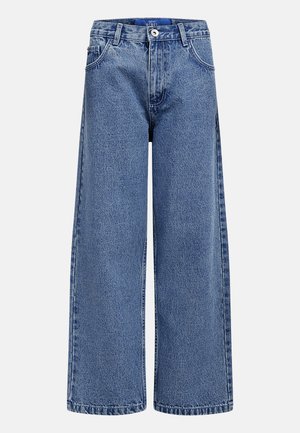 Plave traperice širokih nogavica s prednjim gumbom i patentnim zatvaračem, s petljama za remen i dizajnom s pet džepova.