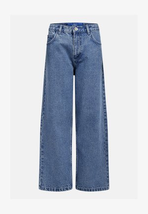 Blauwe jeans met wijde pijpen, voorzien van een knoop- en ritssluiting aan de voorkant, riemlussen en een ontwerp met vijf zakken.