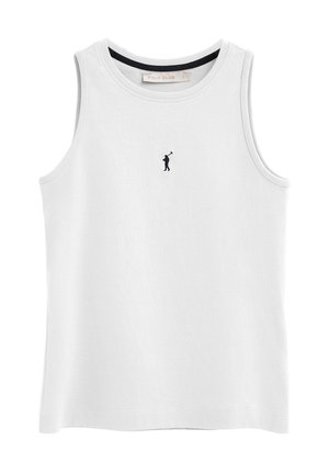 Débardeur sans manches blanc de style polo club avec un petit logo noir de joueur de polo centré sous l'encolure.