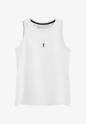 Débardeur sans manches blanc de style polo club avec un petit logo noir de joueur de polo centré sous l'encolure.