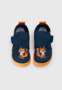 Navy blue fabric shoes with orange rubber soles, featuring an embroidered fox design. Velcro strap for easy fastening, textured fabric upper.