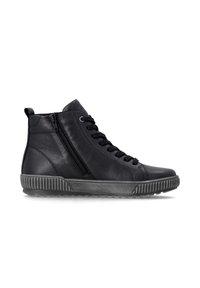 Baskets montantes noires avec lacets, fermeture éclair latérale et semelle en caoutchouc texturée, présentées de profil sur fond blanc uni.