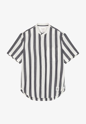 Camicia a maniche corte con bottoni, righe verticali bianche e nere, taschino sul petto e una piccola etichetta del marchio vicino all'orlo.