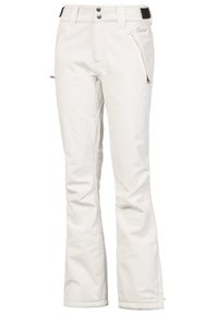 Pantalon de ski isolé blanc avec poches latérales zippées, fermeture à double bouton et légère évasement en bas.