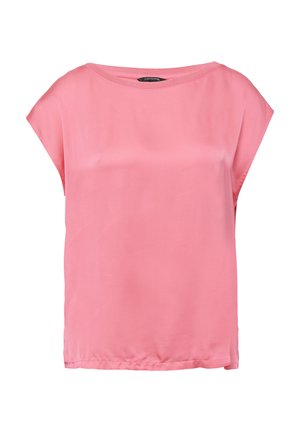 Roze blouse met korte mouwen, gemaakt van een gladde stof en met een losse pasvorm. Heeft een ronde halslijn en een licht gebogen zoom.