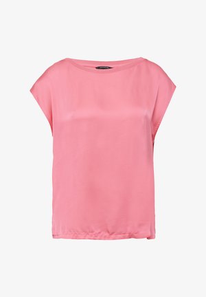 Roze blouse met korte mouwen, gemaakt van een gladde stof en met een losse pasvorm. Heeft een ronde halslijn en een licht gebogen zoom.