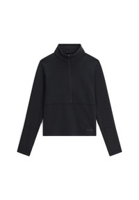 Zwarte longsleeve pullover met een hoge kraag en een halve rits. Gemaakt van zachte stof, met een minimalistisch ontwerp en subtiele stiksels.