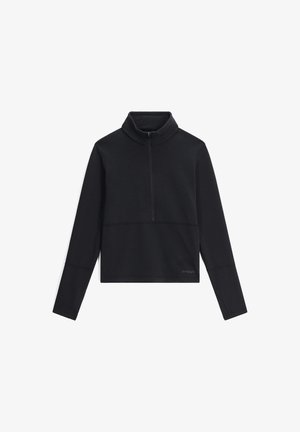 Schwarzer Langarmpullover mit hohem Kragen und halbem Reißverschluss. Hergestellt aus weichem Stoff, mit einem minimalistischen Design und dezenten Nähten.