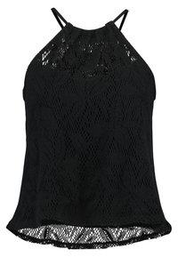 Black lace halter top with floral pattern, featuring thin straps and a curved hemline. Sheer texture with a smooth inner lining.