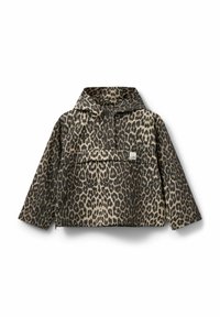 Jakke med leopardprint og hætte, med knaplukning foran, kængurulomme og lange ærmer i brune og beige toner.