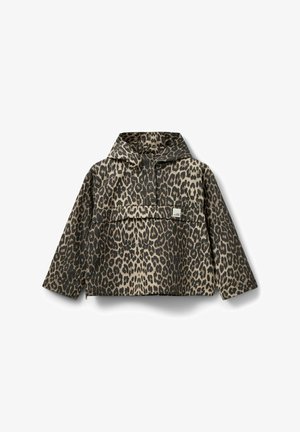 Striukė su leopardų raštu ir gobtuvu, priekyje su sagomis, kengūros kišenė ir ilgomis rankovėmis, rudos ir smėlio spalvų.