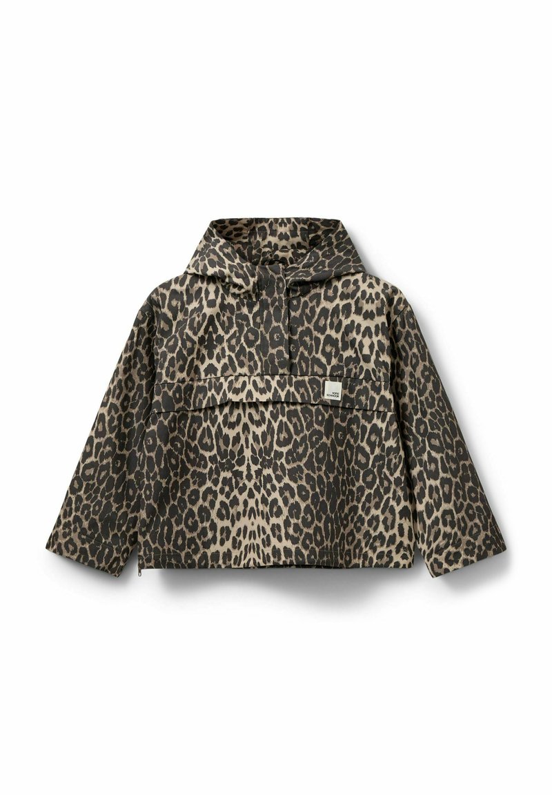 Jakke med leopardprint og hætte, med knaplukning foran, kængurulomme og lange ærmer i brune og beige toner.