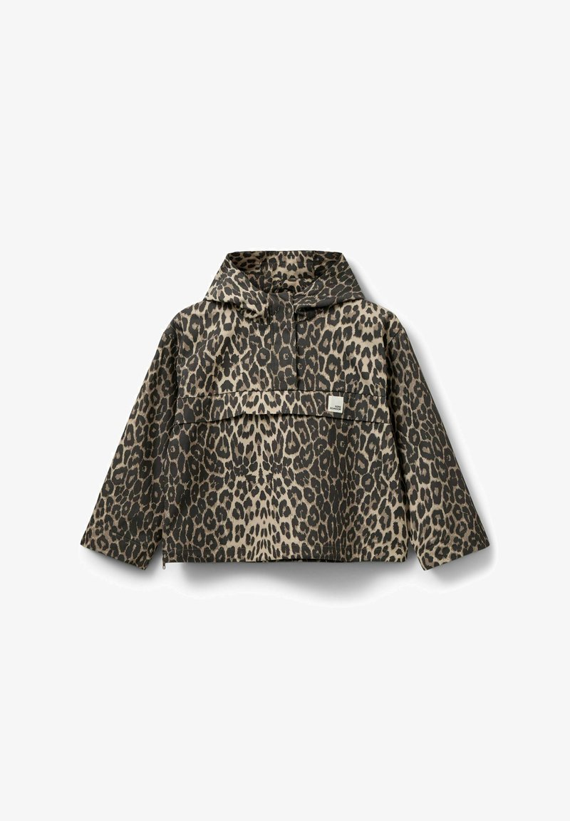 Jakke med leopardprint og hætte, med knaplukning foran, kængurulomme og lange ærmer i brune og beige toner.