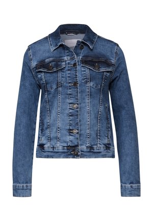 Donkerblauwe spijkerjas met een klassiek ontwerp. Voorzien van een knoopsluiting aan de voorkant, twee borstzakken en een licht versleten textuur.