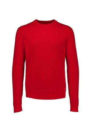 Rode geribbelde gebreide trui met lange mouwen en een ronde halslijn. Heeft een slim fit en een soepele textuur, geschikt voor casual kleding.