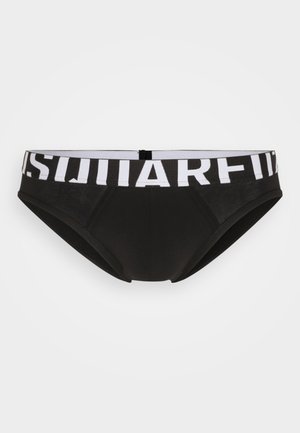 Boxer noir pour homme avec une ceinture logo blanche. Présente une texture lisse et un design ajusté. Inclut une fermeture discrète à l'arrière.
