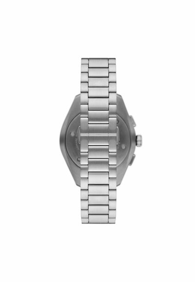 Montre en acier inoxydable avec un boîtier octagonal, finition brossée et un design de bracelet à maillons. Le cadran comprend plusieurs sous-cadrans et poussoirs.