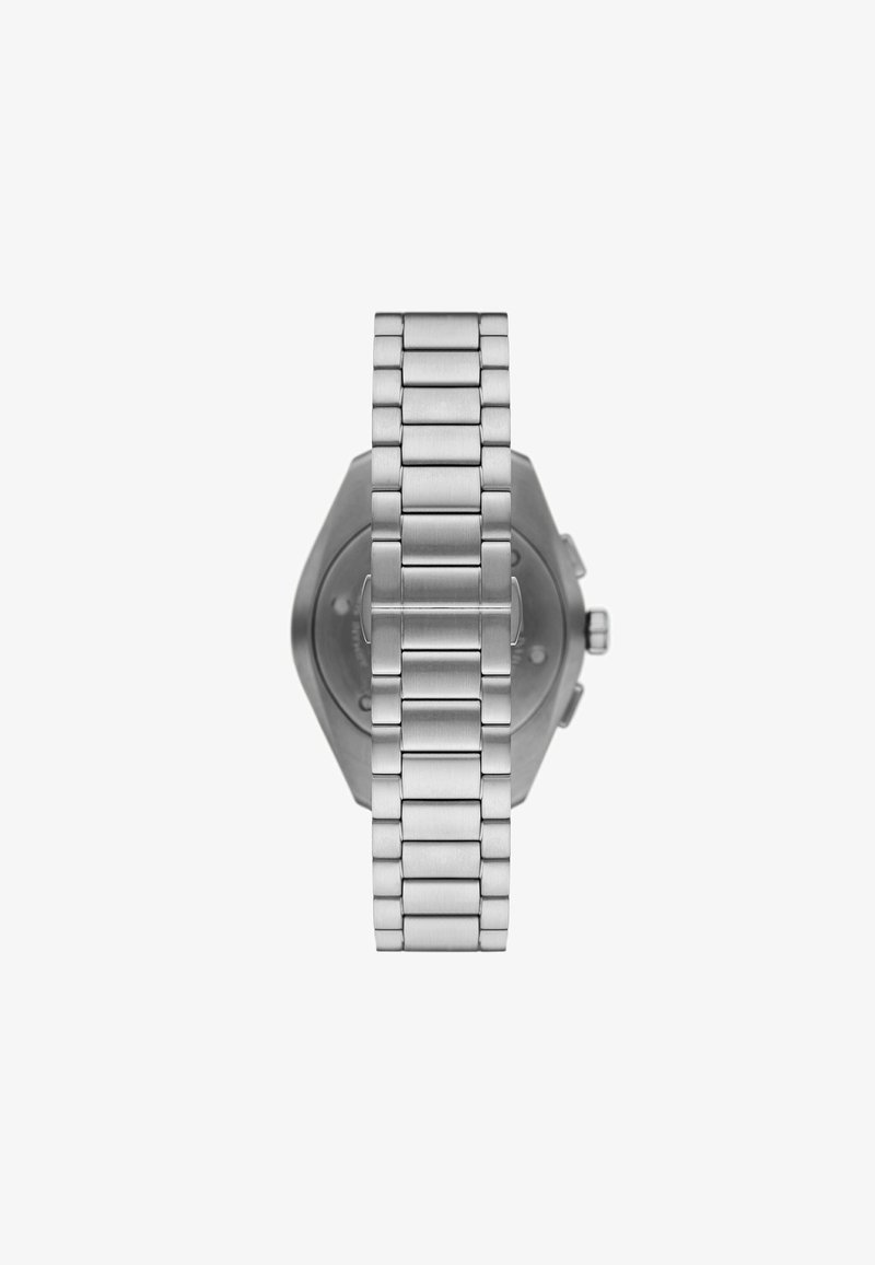 Edelstahl-Uhr mit einem achteckigen Gehäuse, gebürsteter Oberfläche und einem Gliederarmband-Design. Das Zifferblatt enthält mehrere Unterzifferblätter und Drücker.