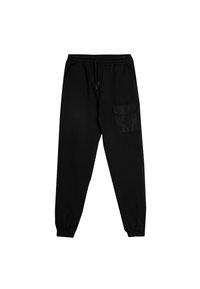 Schwarze Jogginghose aus weichem Stoff, mit einem elastischen Bund und Kordelzug, seitlichen Taschen und einer funktionalen Aufsatztasche.
