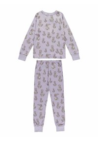 Lilac pajamas featuring long-sleeve top and pants, with a pattern of rabbits and cacti. Made from soft, lightweight fabric with cuffs at sleeves and ankles.