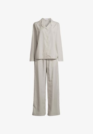 Vaaleanharmaa kahdesta osasta koostuva pyjama-asukokonaisuus sisältää pitkähihaisen napitettava paidan, jossa on kaulus, sekä leveät elastiset housut pehmeästä kankaasta.