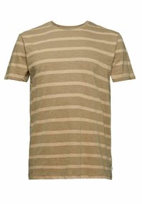 T-shirt beige à manches courtes avec de fines rayures horizontales claires et un col rond, présenté sur un fond blanc uni.