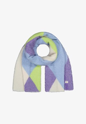 Mehrfarbiger Schal mit geometrischen Mustern in Lila, Blau, Grün und Weiß, aus weichem, strukturiertem Stoff mit fransigen Kanten.