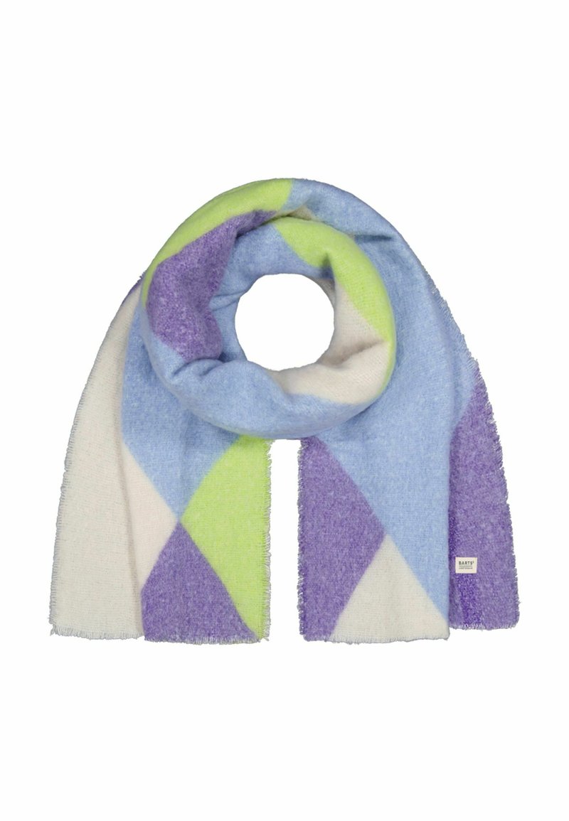 Multicolored scarf featuring geometric patterns in purple, blue, green, and white, made of soft, textured fabric with fringed edges.