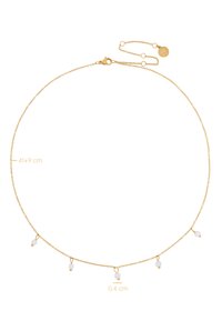 Collier chaîne en or mesurant 41 cm avec une rallonge de 9 cm, comprenant cinq accents de perles blanches de 0,4 cm chacune, et une fermeture à mousqueton.