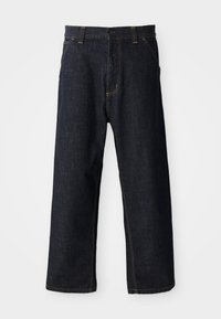 Dark blue denim trousers with a straight leg design, featuring yellow stitching, front pockets, and a button closure at the waist.