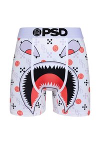 Herrens kalsonger med en vit bas och en röd och svart hajdesign, kontrasterande midjeband med "PSD"-logotyp och lekfulla grafiska mönster.
