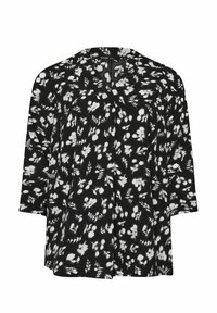Blusa nera con un motivo floreale bianco, dal taglio morbido, maniche a tre quarti e scollatura a V. Tessuto morbido con una superficie liscia.