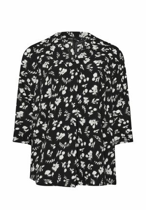 Zwarte blouse met een bloemenpatroon in het wit, met een losvallende pasvorm, driekwart mouwen en een V-hals. Zachte stof met een gladde textuur.