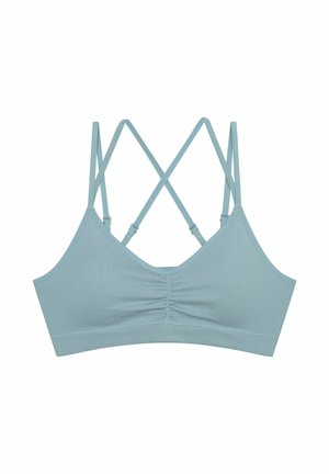 Jasnoniebieski stanik typu bralette z prążkowanym wzorem i skrzyżowanymi ramiączkami, z zebranym detalem z przodu oraz bezszwowym pasem dla wygody.