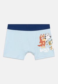 Svijetloplave pamučne bokserice s tamnoplavim pojasom i šarenim grafičkim prikazom tri crtana psa s logotipom "Bluey".