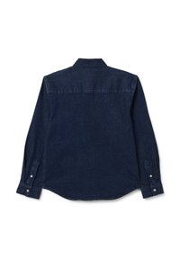 Donkerblauwe denim shirt met lange mouwen, een puntkraag, knoopmanchetten en een rechte zoom. Heeft een getailleerd ontwerp en stevige stof.