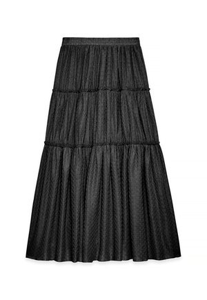 Schwarzer, gestufter Midirock mit strukturiertem Muster, elastischem Bund und fließender Silhouette für einen bequemen Sitz.