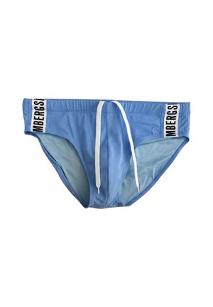 Costume da bagno slip blu da uomo con coulisse bianca e testo nero "MBERGS" su pannelli bianchi su ogni fianco.