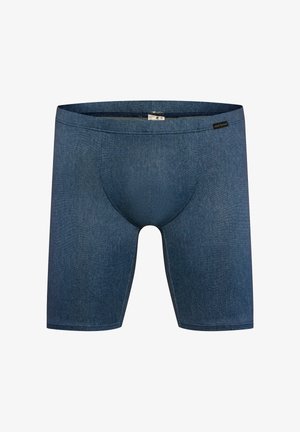 Mørkeblå herreboxershorts med en denimtekstur og et lille sort mærke på taljebåndet.