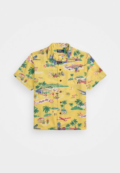 Short-sleeve yellow shirt with a tropical print, featuring palm trees, surfboards, and beach scenes. Includes button-down front and pocket.