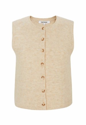 Beige strikket ærmeløs vest med rund halsudskæring, forsynet med knapper foran og blødt, tekstureret stof.