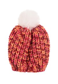 Strickmütze in lebhaften Rottönen und Orangetönen mit einem flauschigen weißen Pompon oben. Sie hat ein strukturiertes, geflochtenes Muster.