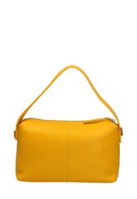 Borsa a tracolla in pelle gialla con forma tondeggiante, manico superiore singolo e chiusura con cerniera. Superficie testurizzata con dettagli delle cuciture.