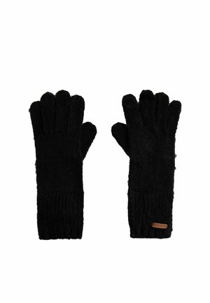 Paire de gants en laine tricotée noire avec des poignets côtelés et une petite étiquette de marque en cuir marron sur le poignet du gant droit.