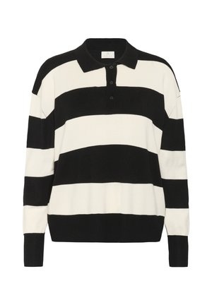 Mustvalge triibuline pika varrukaga polo-sweater koos kraega, nelja nupuga ja soonitud mansettidega. Pehme kudumise tekstuur, lõdvestunud sobivus.